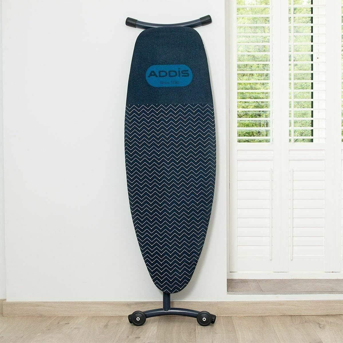 Deluxe Ironing Board with Wheels Adjustable Height Thick Pad Blue Chevron
