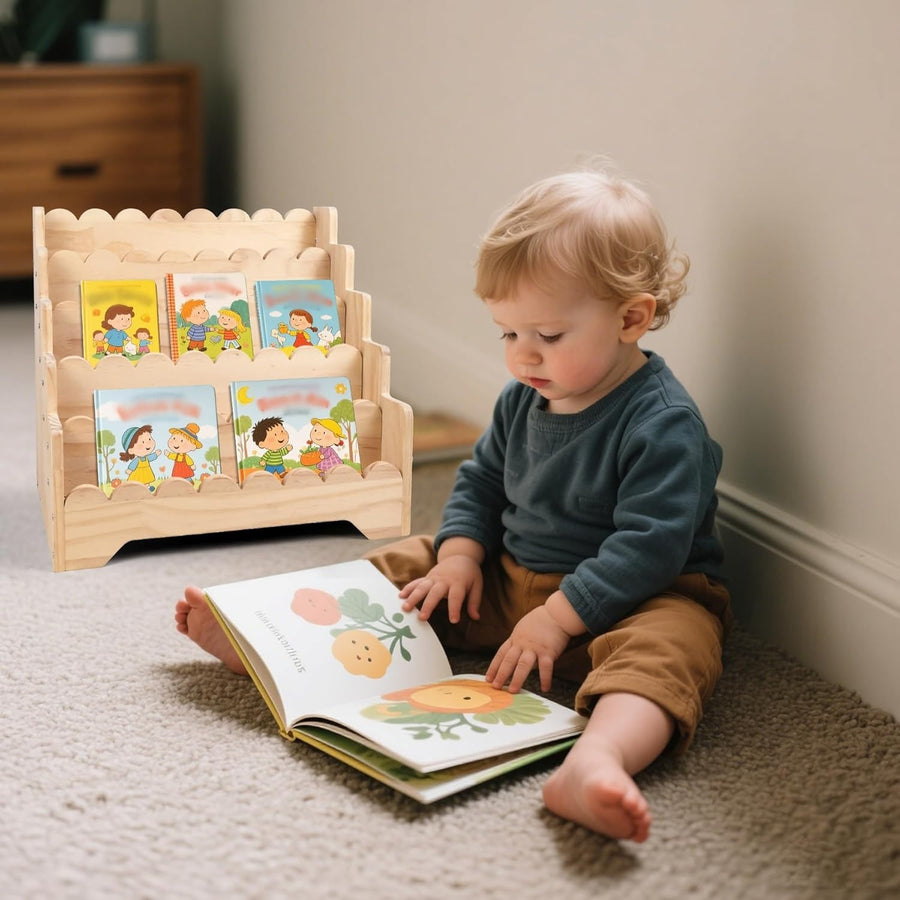 Wooden Kids Bookshelf 5 Tier Wave Design Bookcase Nursery Storage Shelf 43cm