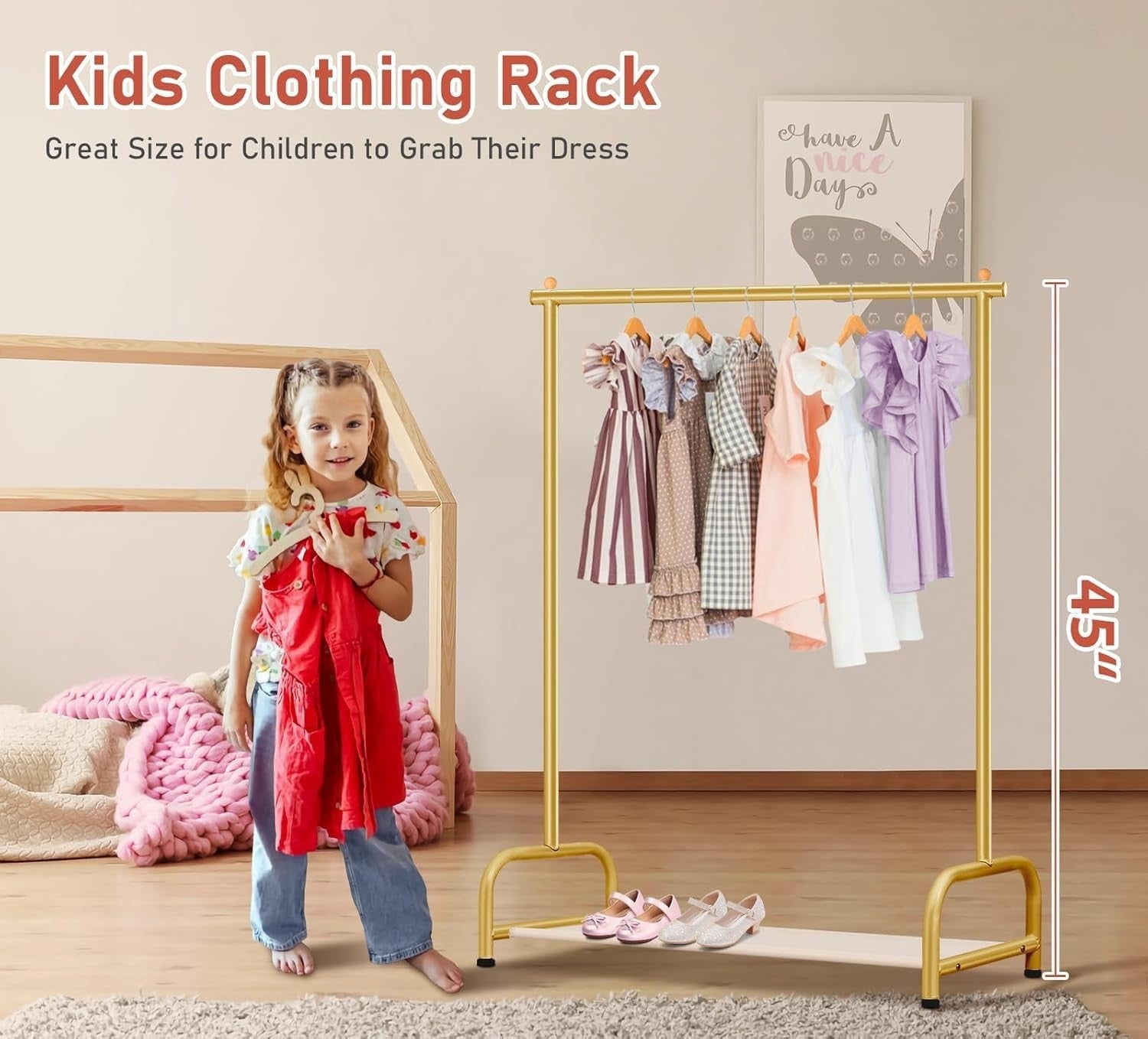 Kids Gold Clothes Rail Baby Dress Up Rack with Shelf