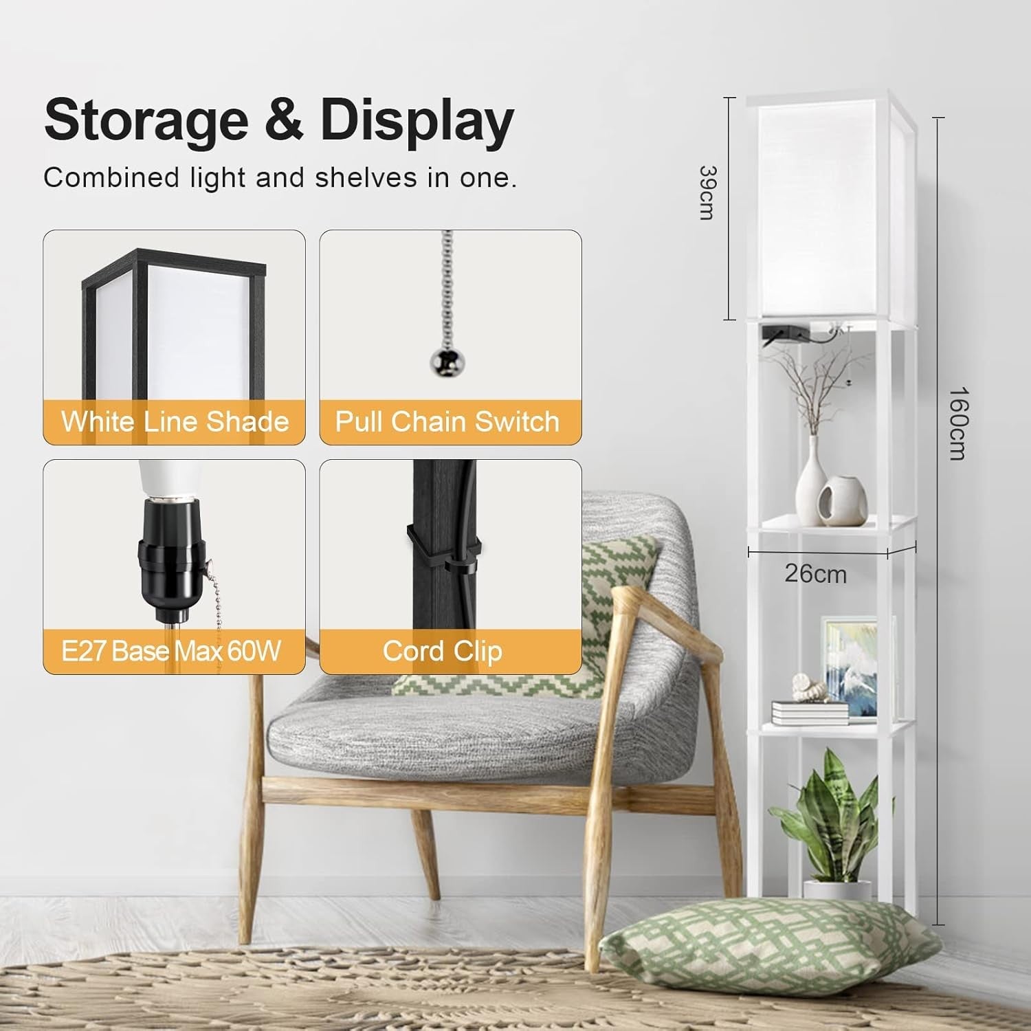 Floor Lamp with Shelves Remote USB LED Dimmable Standing Storage Light