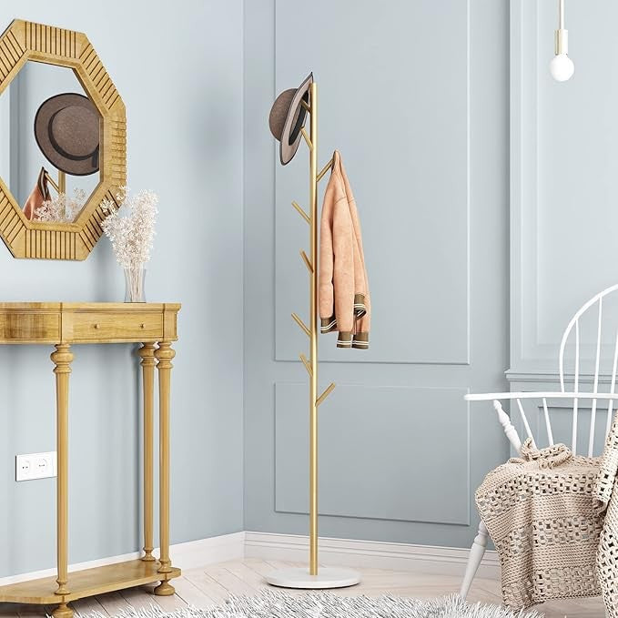Gold Metal Coat Rack with Marble Base | Freestanding Hall Tree for Coats, Hats