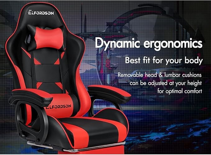 ELFORDSON Gaming Chair w/ 2-Point Massage Lumbar Red