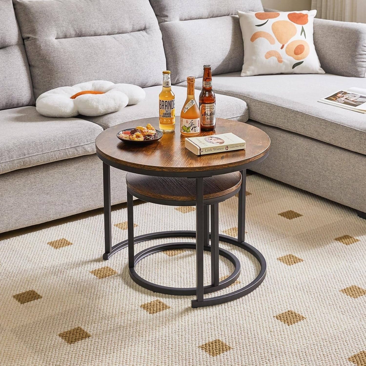 Round Nesting Coffee Tables Set of 2 | Rustic Wood & Metal Side Table for Living