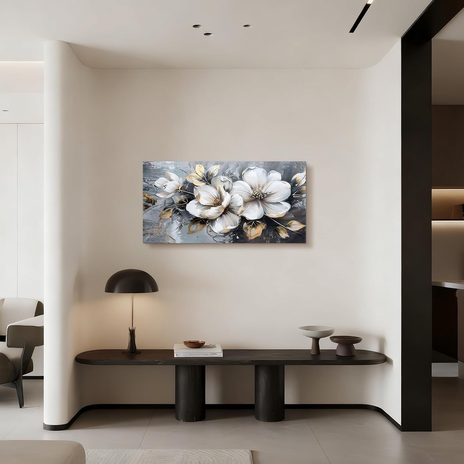 Large White Floral Canvas Wall Art 100x50cm Modern Botanical