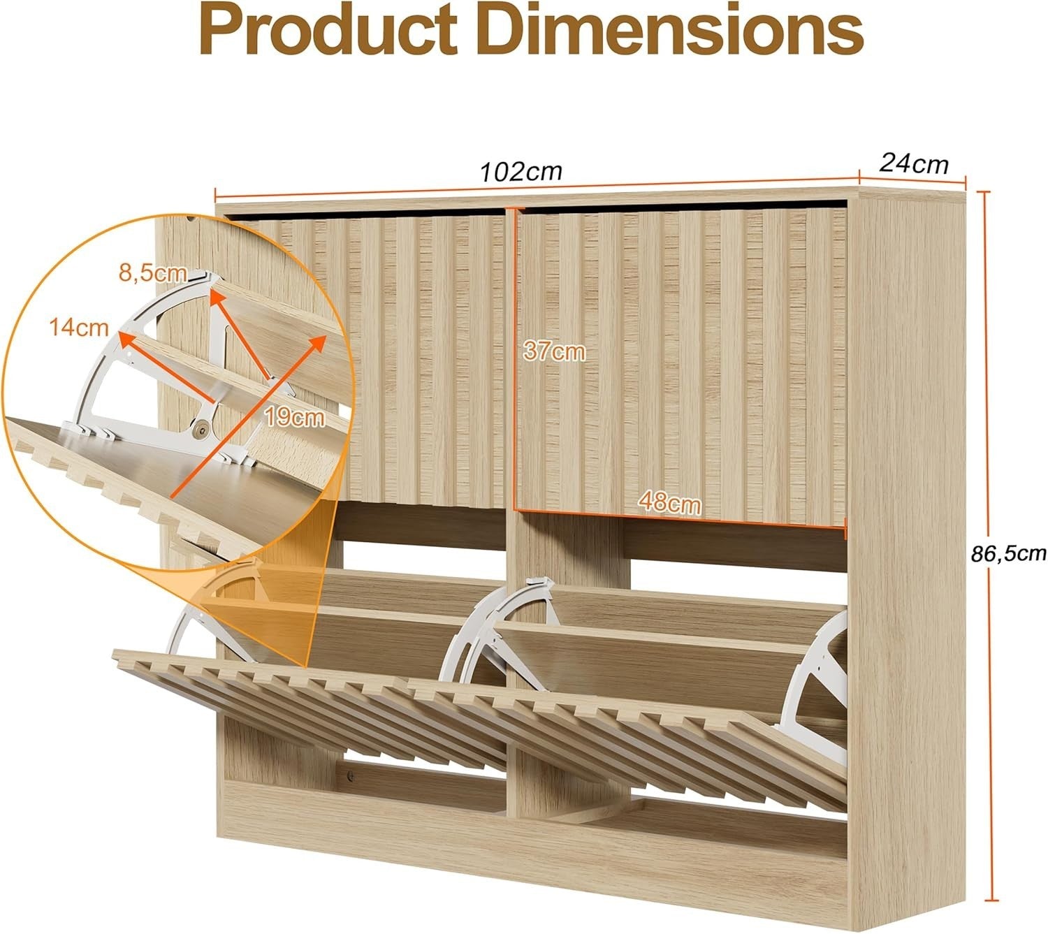 Wide Natural Wood Shoe Cabinet 4 Flip Drawers Ventilated Storage 20 Pairs