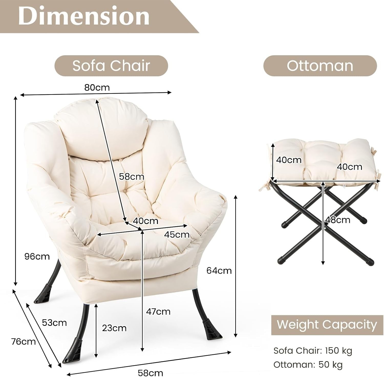 Fabric Lounge Armchair with Footstool Comfy Reading Chair Beige