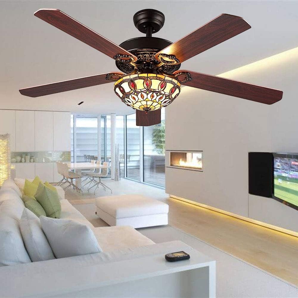 ANFERSONLIGHT 52" Tiffany Ceiling Fan, 5 Blades, Quiet, Remote, Black/Copper