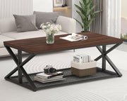 Walnut Coffee Table with Storage Shelf – Industrial 2-Tier Metal Frame 120cm