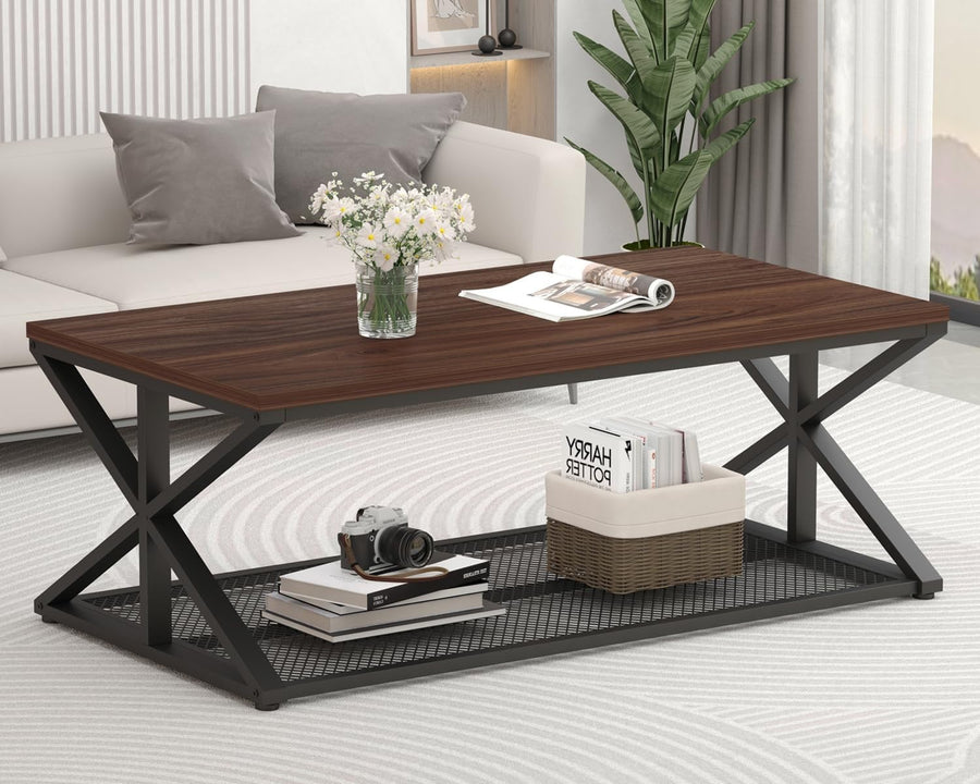Walnut Coffee Table with Storage Shelf – Industrial 2-Tier Metal Frame 120cm