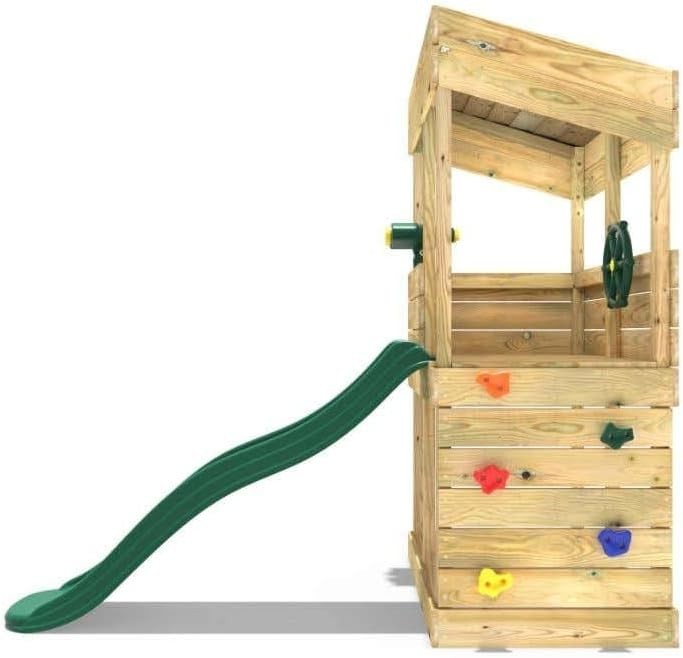 Wooden Kids Lookout Tower Playhouse Outdoor w 6ft Slide Climbing Wall