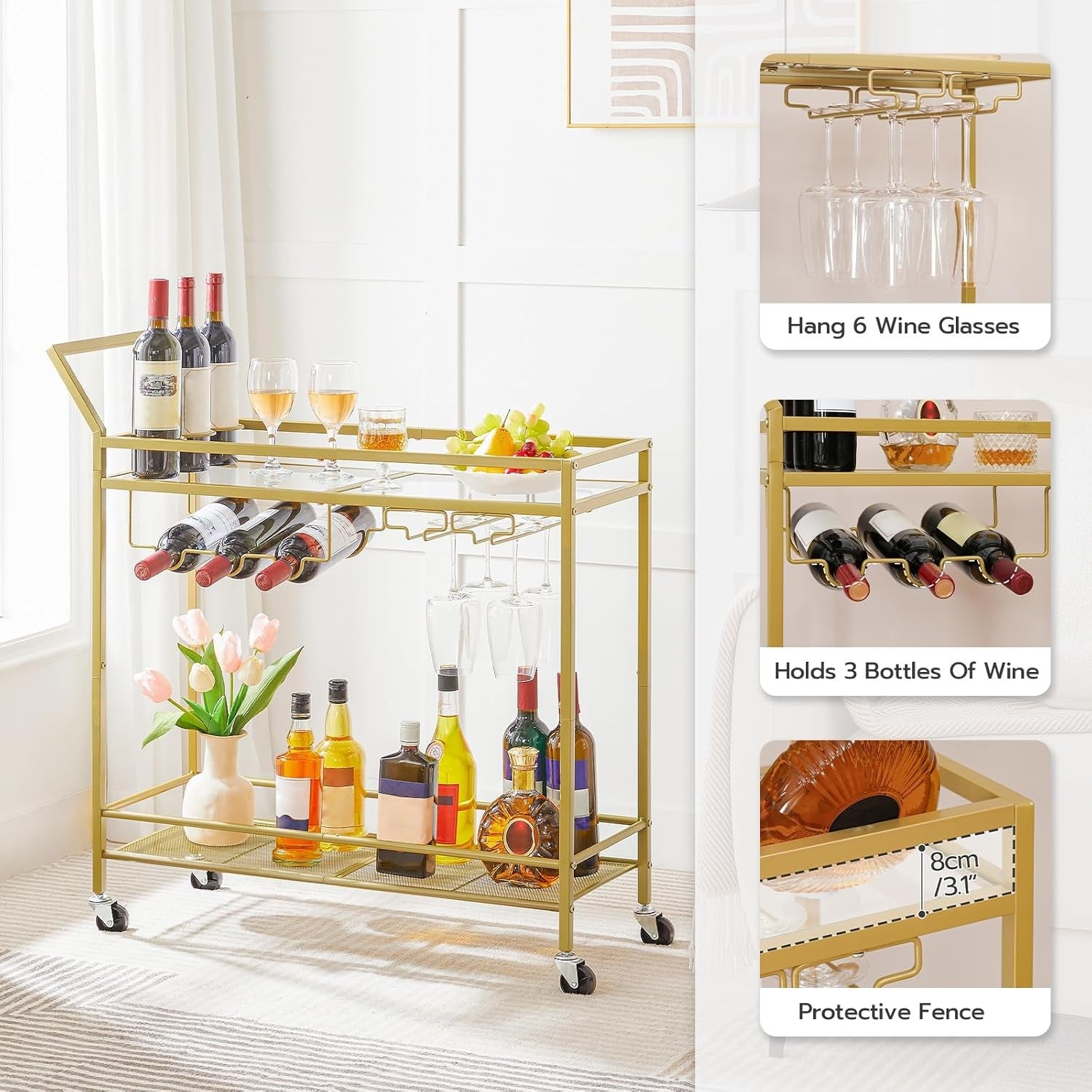 Gold Bar Cart Drinks Trolley on Wheels Glass Shelves Wine Rack Holder