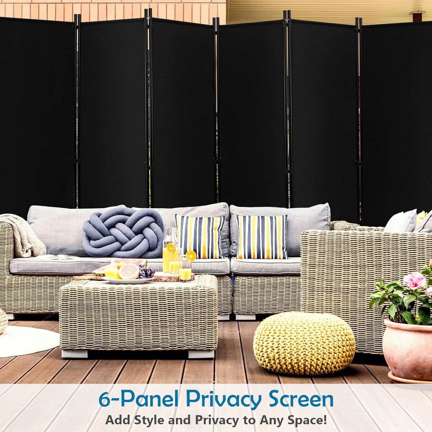 6 Panel Black Folding Room Divider Privacy Screen on Wheels for Home Office