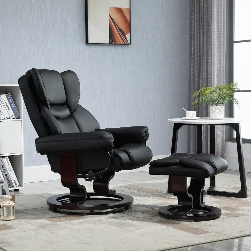 Black Recliner Swivel Armchair with Footstool PU Leather Lounge Chair
