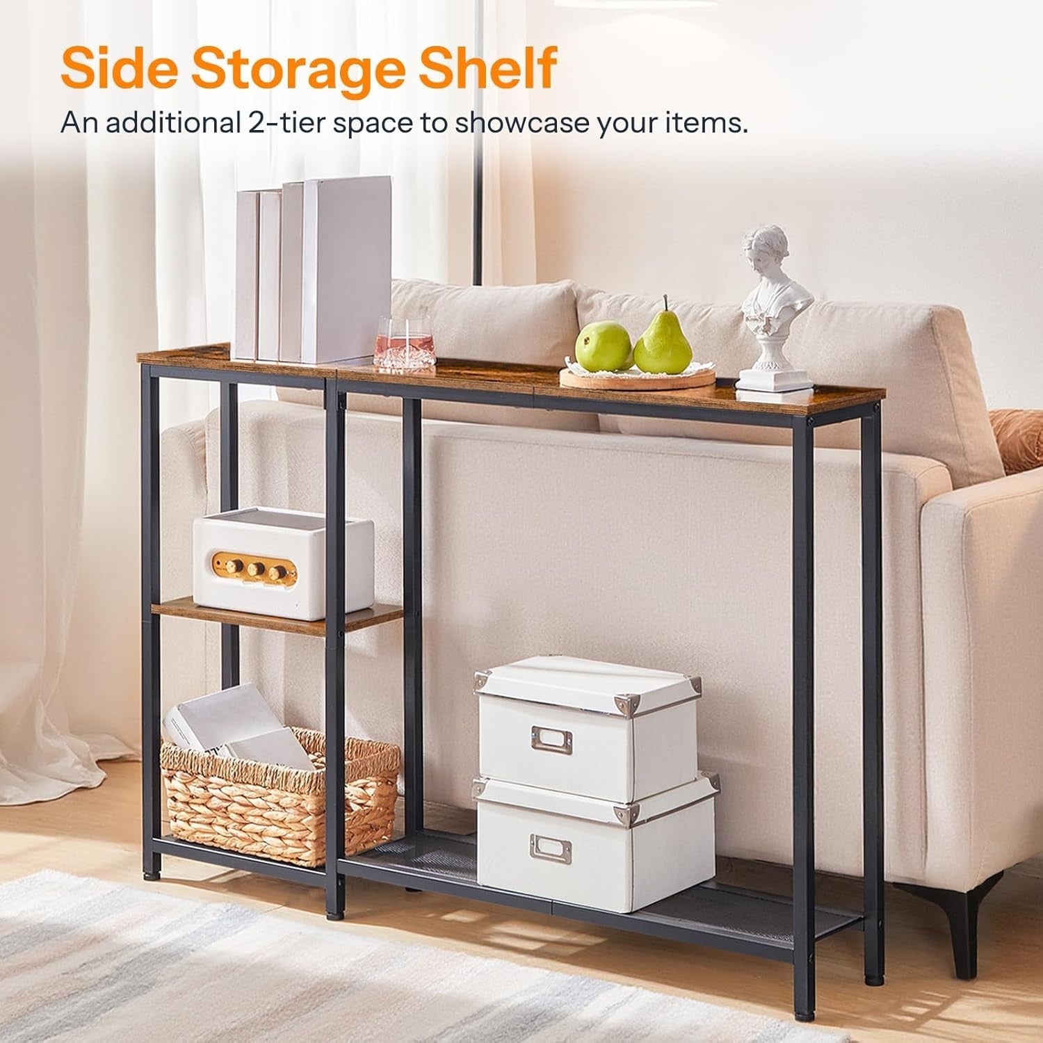 Slim Console Table with Shelves | 114cm Rustic Hallway Storage Unit