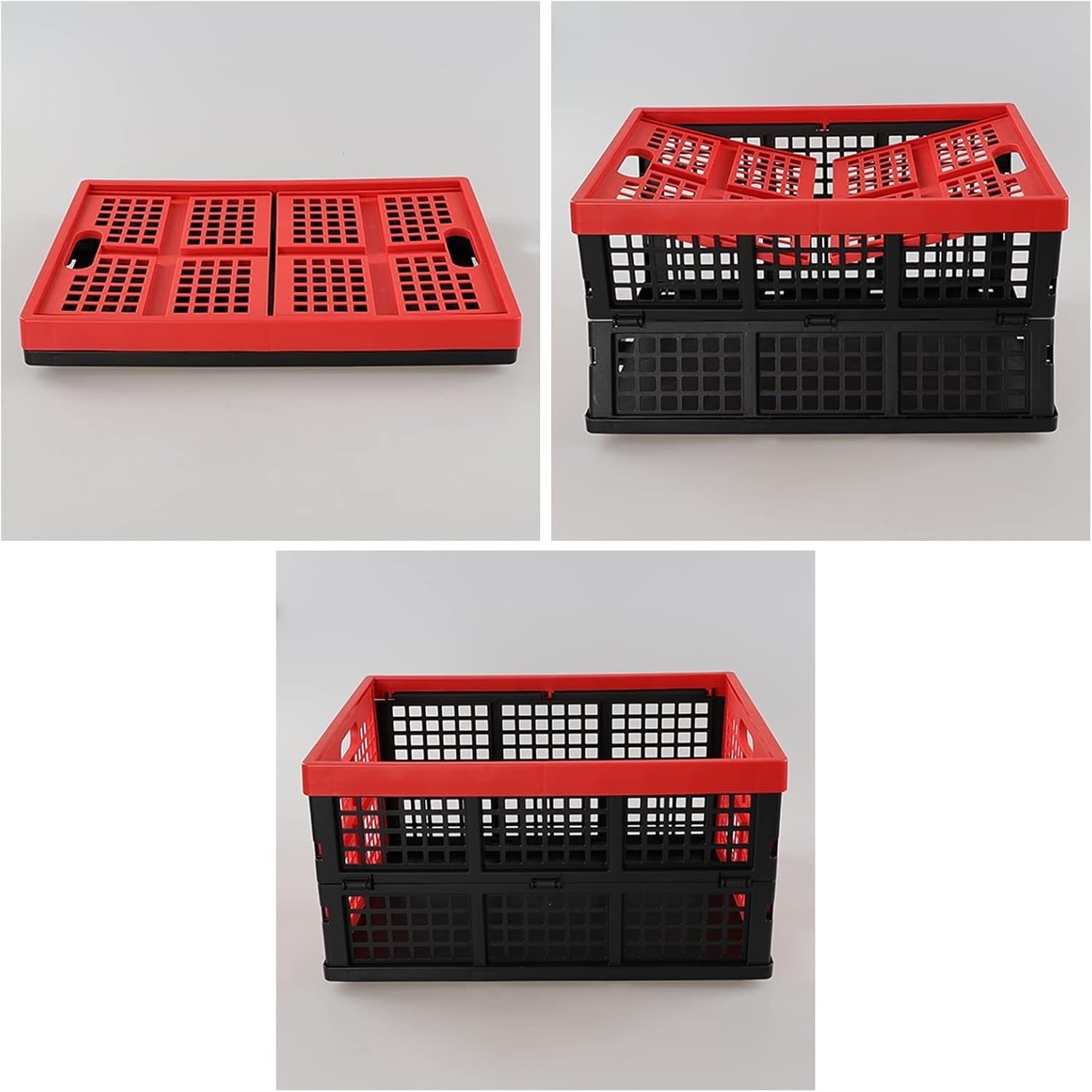 4 Pack 32L Folding Plastic Storage Crates Stackable 44.5x33.6x23cm Red