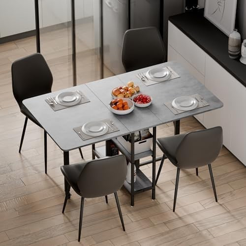 Grey Drop Leaf Folding Dining Table with Storage Shelves 140cm