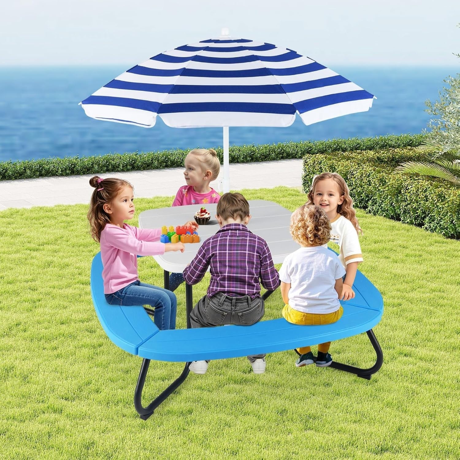 Kids Picnic Table & 8-Seat Bench Set with Adjustable Umbrella Outdoor Indoor