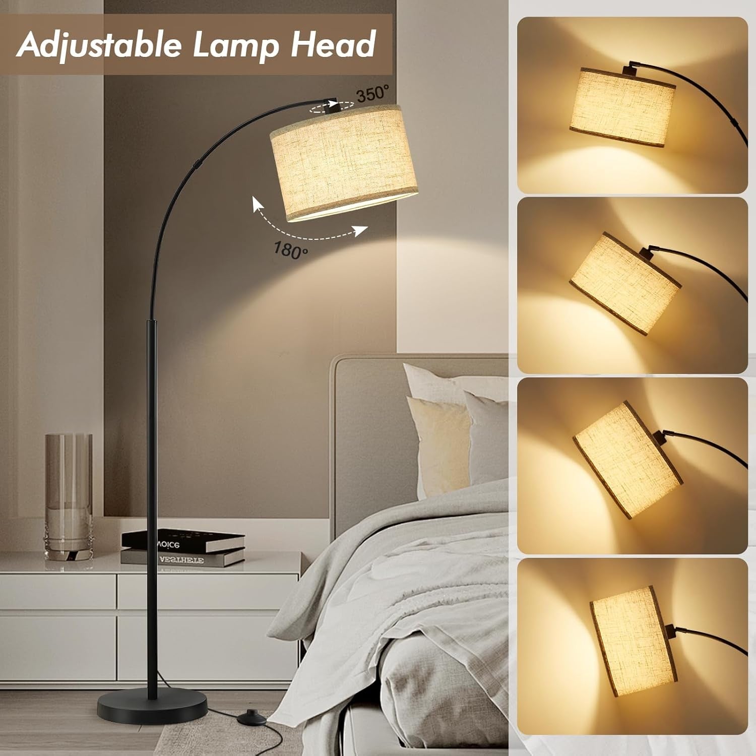 Black Arc Floor Lamp Adjustable Head Tall Standing Light with Fabric Shade