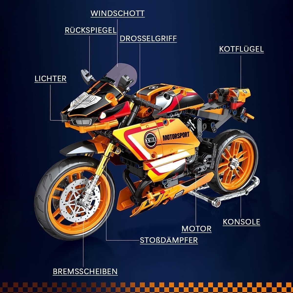 760PC Motorcycle Building Kit - Realistic DIY Model, Non-Toxic, Orange