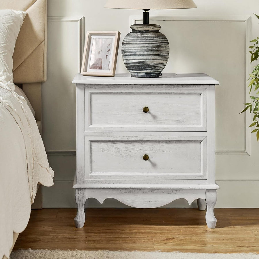 White Wooden Bedside Table with Drawers – Compact French Country Nightstand