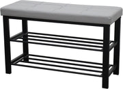3 Tier Shoe Rack Bench with Silver Leather Tufted Seat Storage Organiser