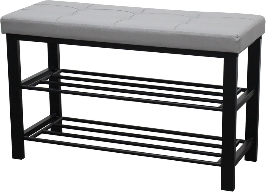 3 Tier Shoe Rack Bench with Silver Leather Tufted Seat Storage Organiser
