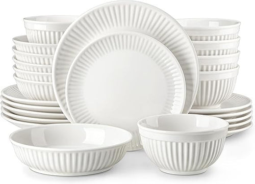 24 Piece White Dinner Set for 6 Embossed Porcelain Plates Bowls Elegant