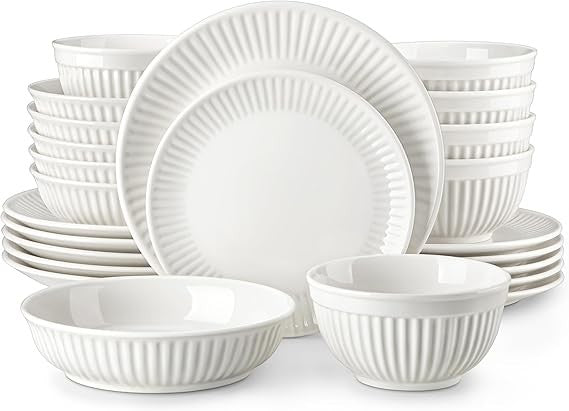 24 Piece White Dinner Set for 6 Embossed Porcelain Plates Bowls Elegant