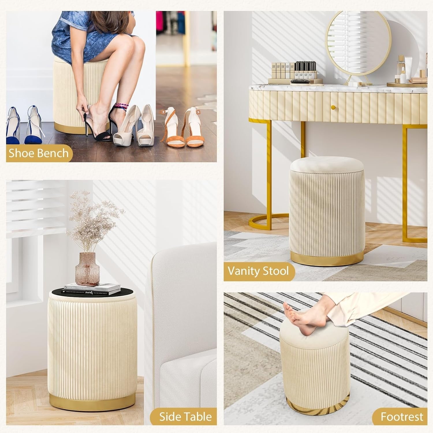Set of 2 Beige Velvet Nesting Storage Footstools with Gold Trim Round Ottoman