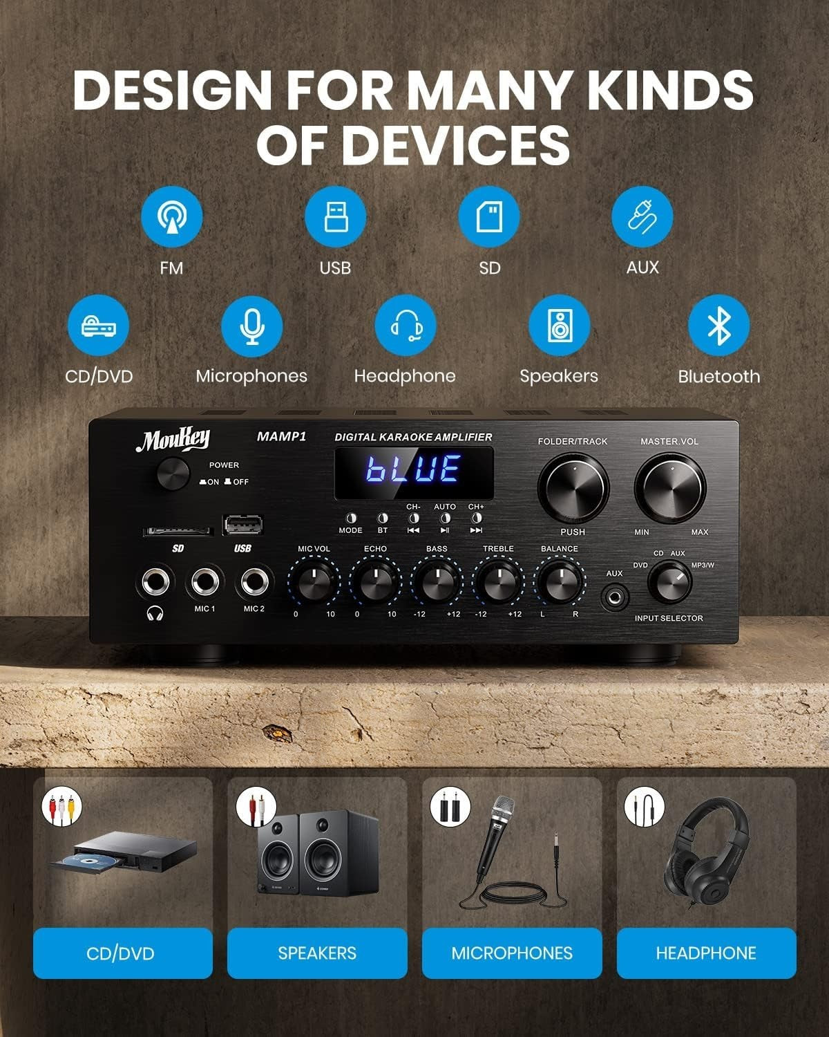 220W Bluetooth Stereo Amplifier 2 Channel Receiver USB AUX FM