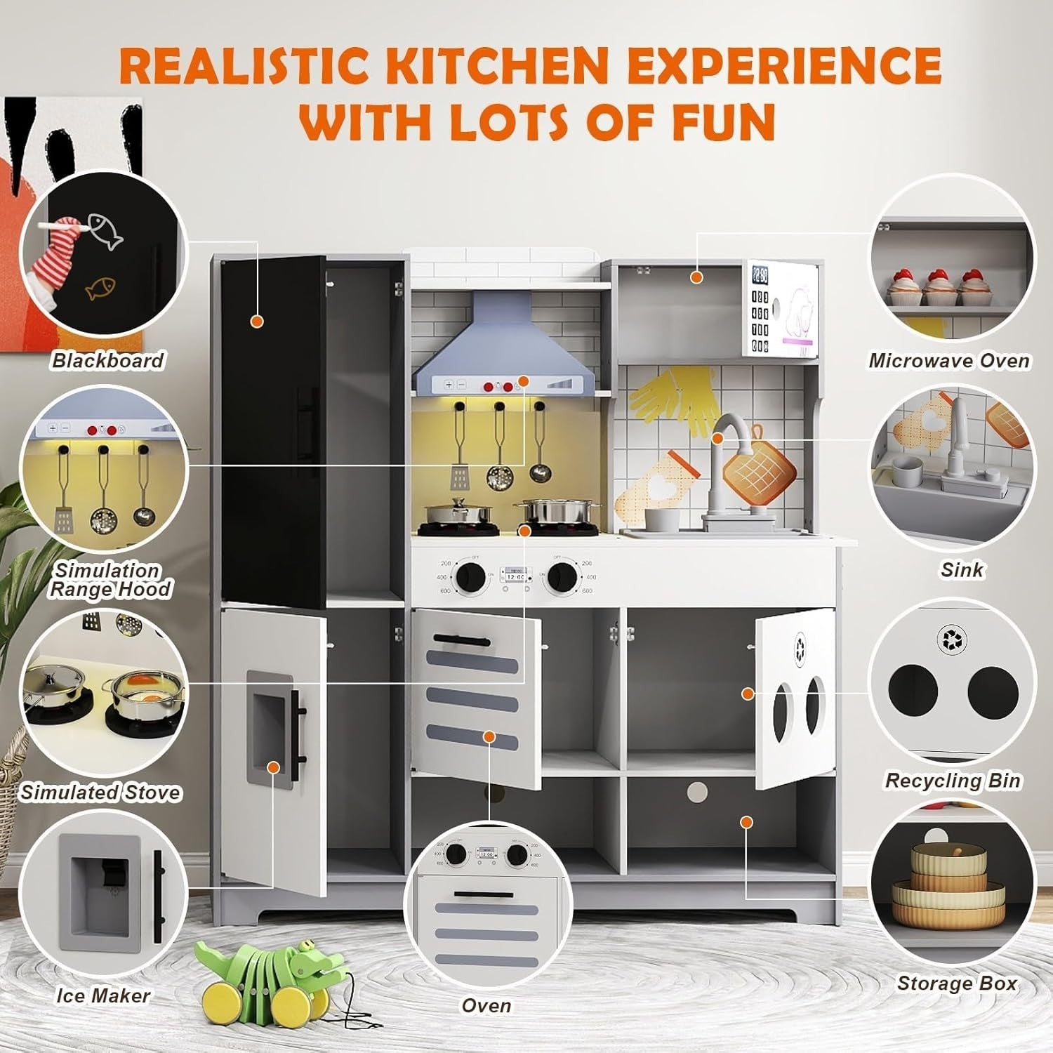 Large Wooden Kids Play Kitchen Lights Sounds Ice Maker Chalkboard
