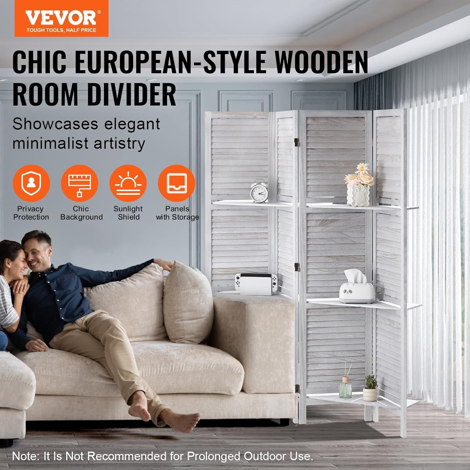 4 Panel Wooden Folding Room Divider with Shelves Light Brown 122x170cm