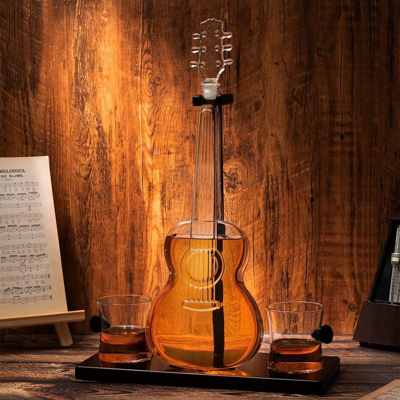 Guitar Whiskey Decanter 1L with Mahogany Base & 2 Glasses Music Lover Gift