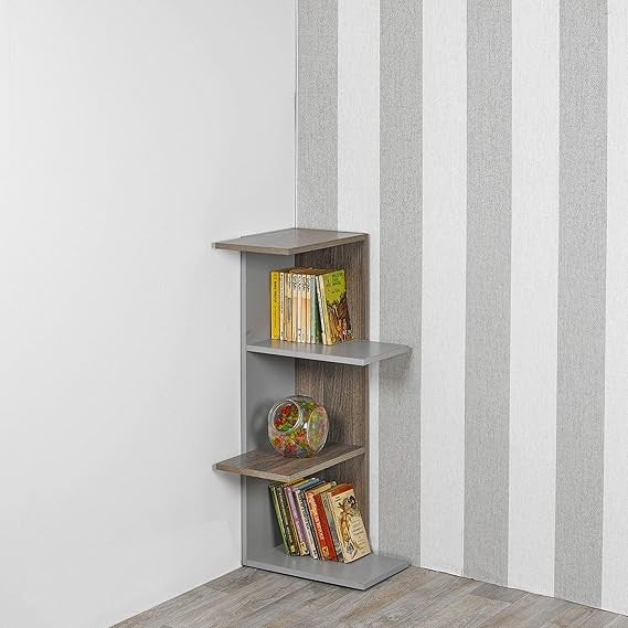 Modern 3-Tier Corner Bookcase Shelf Unit Space-Saving Display Storage Grey Oak