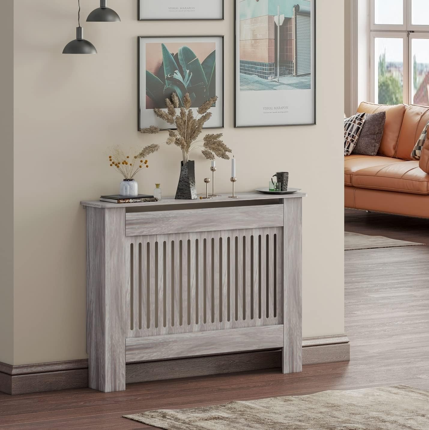 Medium Grey Radiator Cover | Modern MDF Vertical Slatted Cabinet