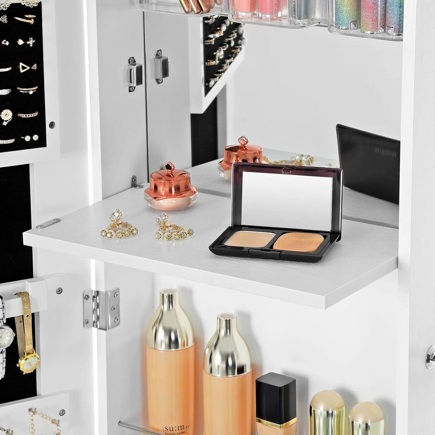 White Extra Wide Mirrored Jewelry Cabinet Lockable Storage Stand