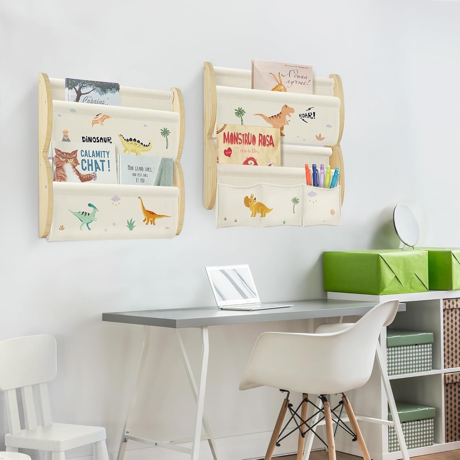 4-Tier Wall Mounted Kids Bookshelf with 3 Pockets & Fabric Sling, Dinosaur