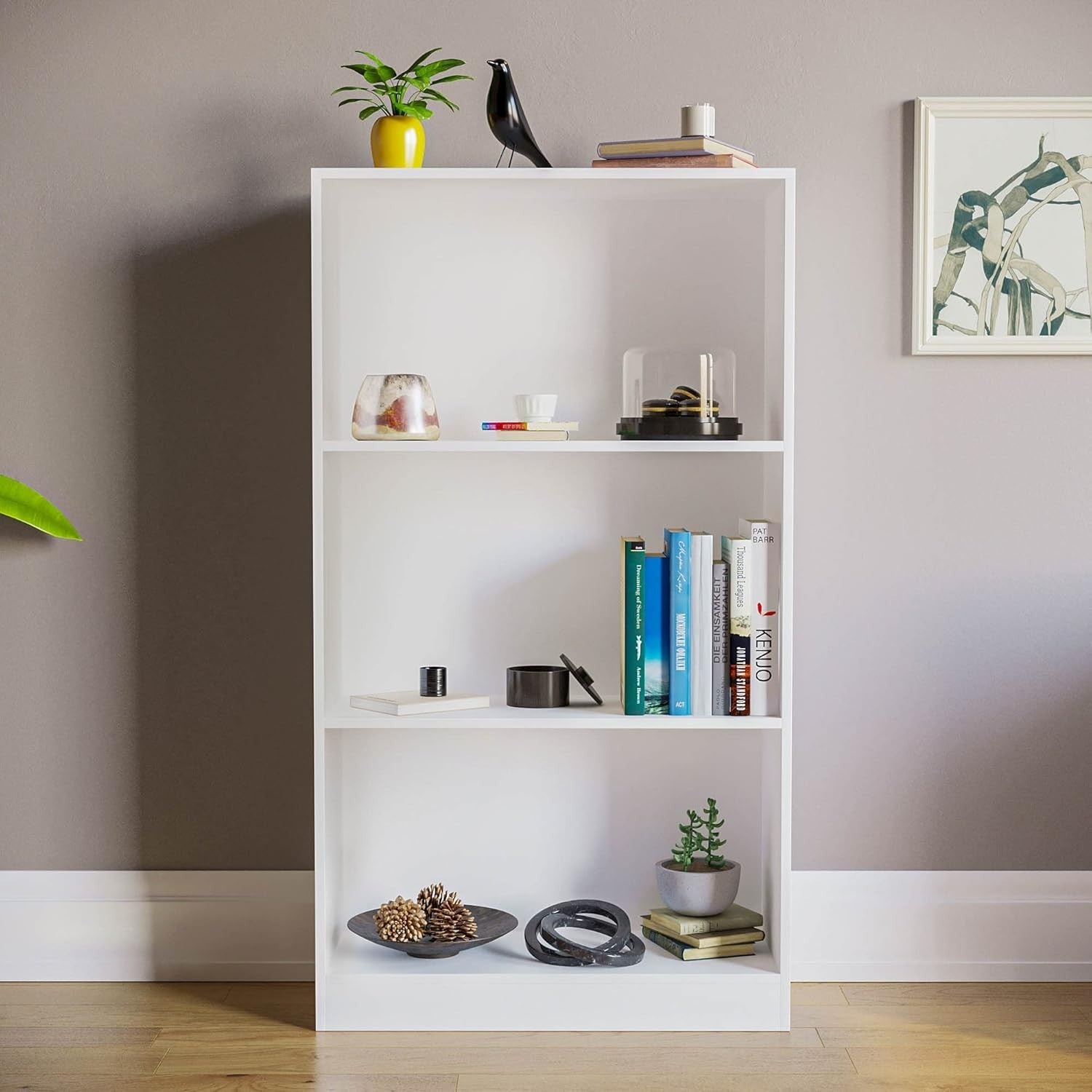 3 Tier White Wooden Bookcase Modern Storage Display Shelf for Living Room