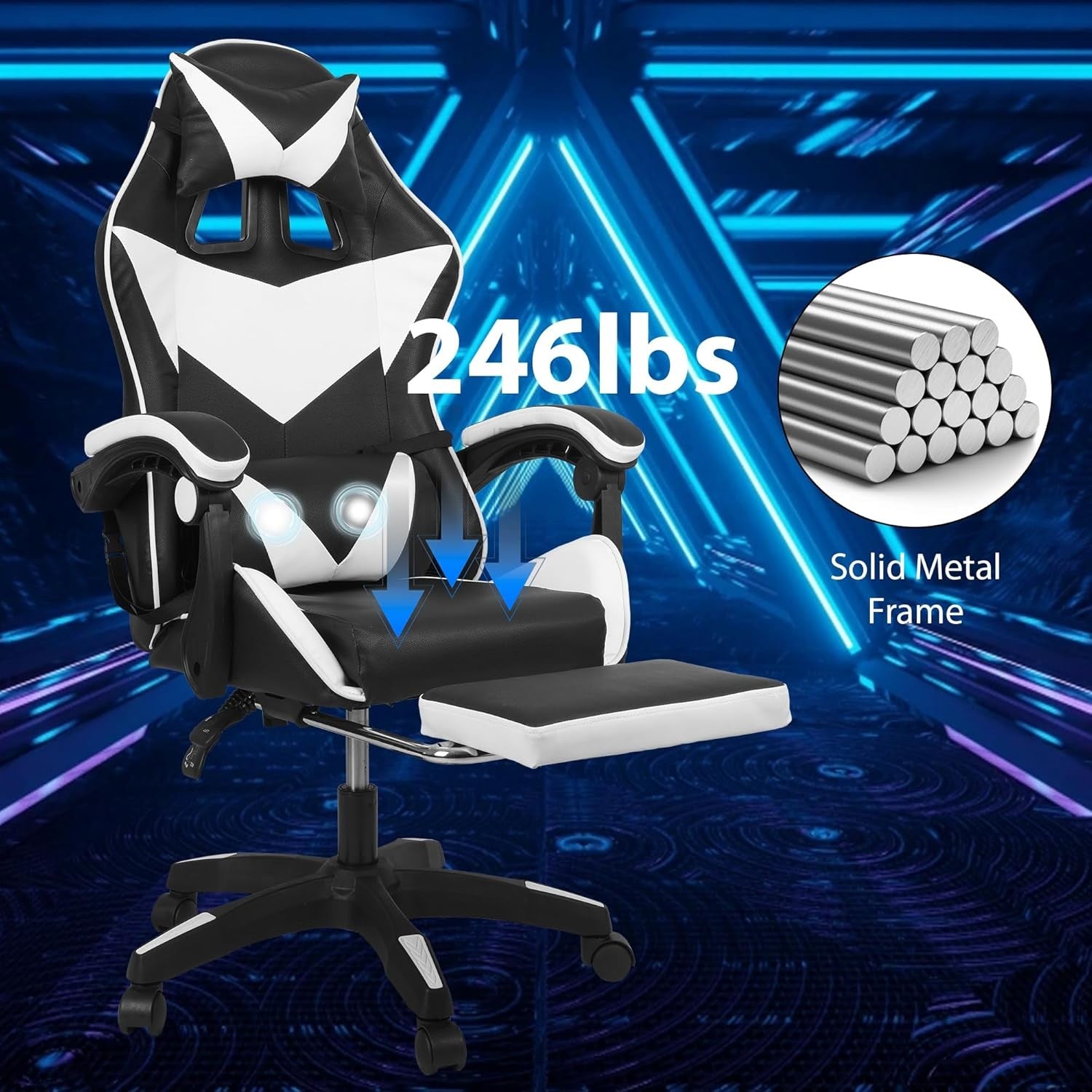 Ergonomic Gaming Chair Massage Reclining Footrest Black White
