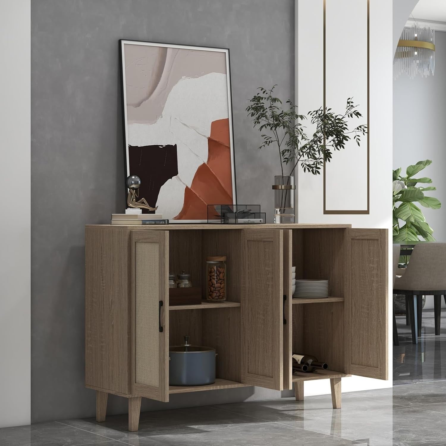 Natural Wood Buffet Storage Cabinet with Rattan Doors Adjustable Shelves