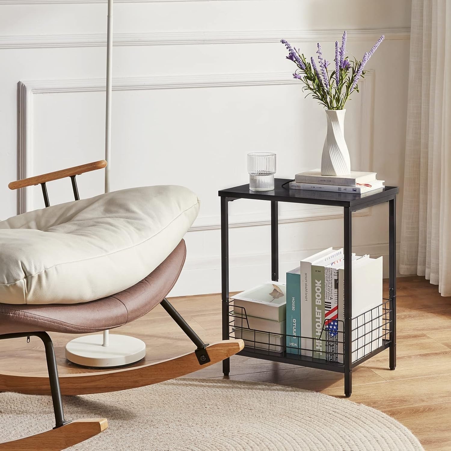 Black Marble Top Side Table with Storage Rack – Small Nightstand & Coffee Table