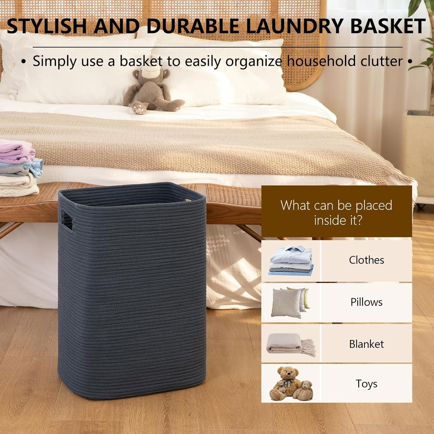Large Woven Laundry Basket with Handles 16x13x22in Cotton Storage Hamper Blue