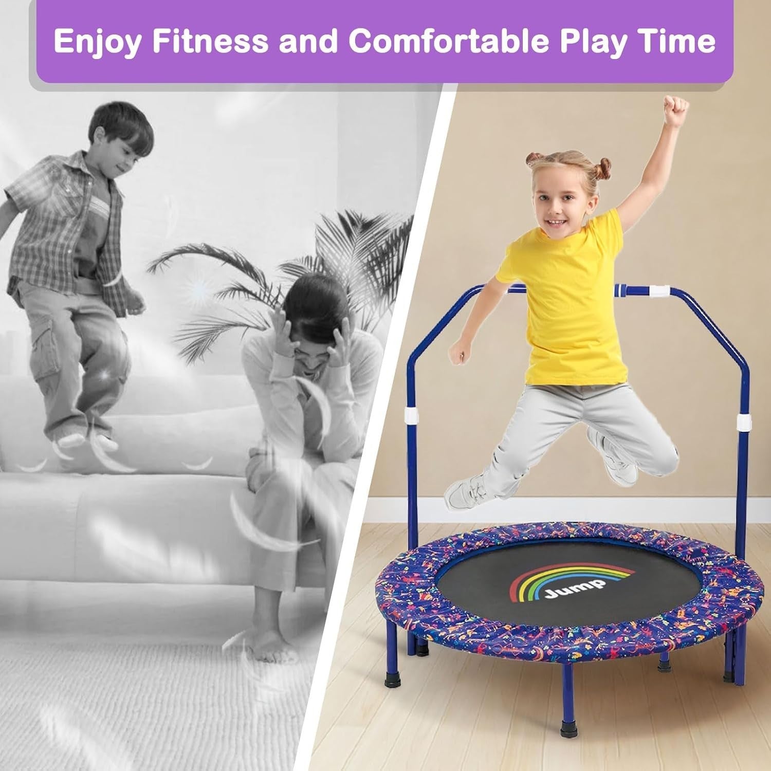 36'' Kids Mini Trampoline Foldable Quiet Rebounder Safety Handle Blue