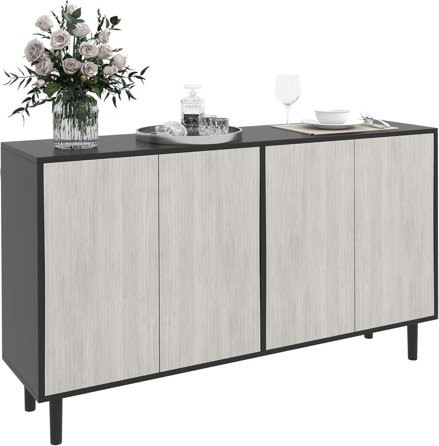Modern Sideboard Cabinet with Adjustable Shelves, 4 Doors, Solid Wood Legs
