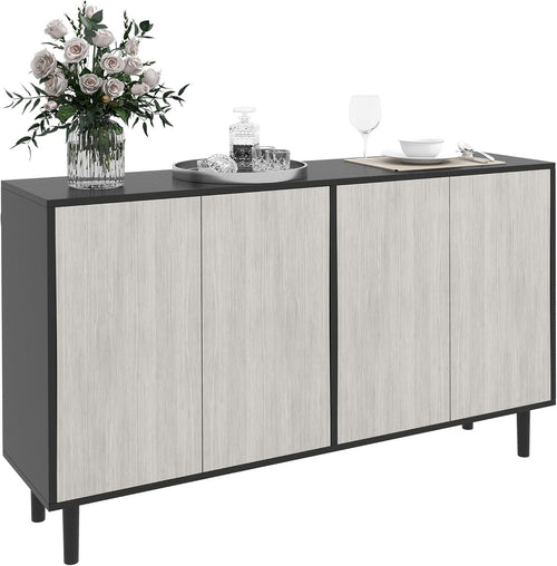 Modern Sideboard Cabinet with Adjustable Shelves, 4 Doors, Solid Wood Legs