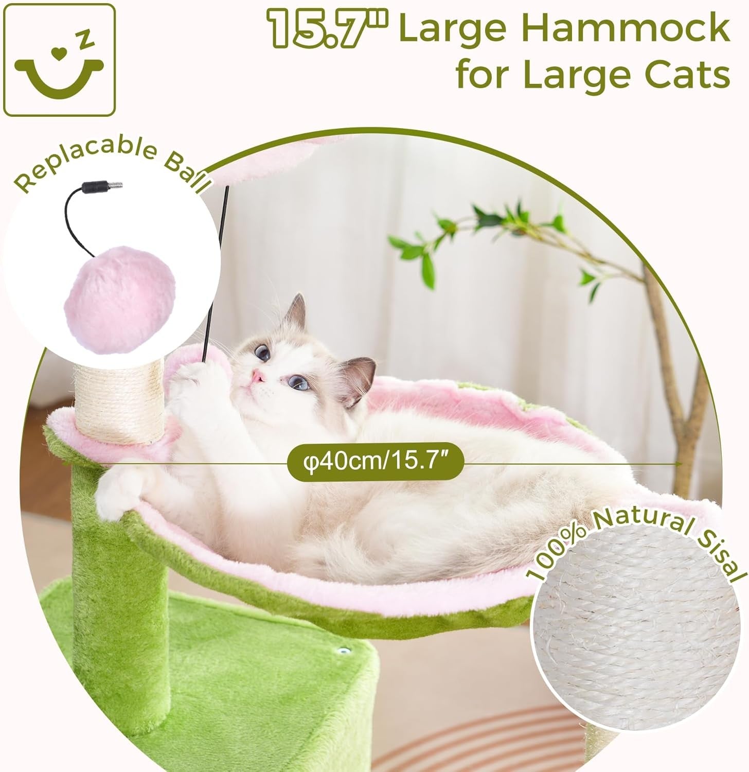 Pink Green Flower Cat Tree Tower with Hammock Condo Sisal Scratching Post