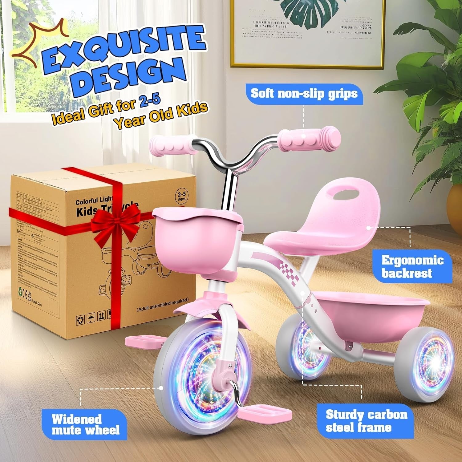 Girls Tricycle Balance Bike LED Light Wheels Adjustable Seat Pink 2-5Y