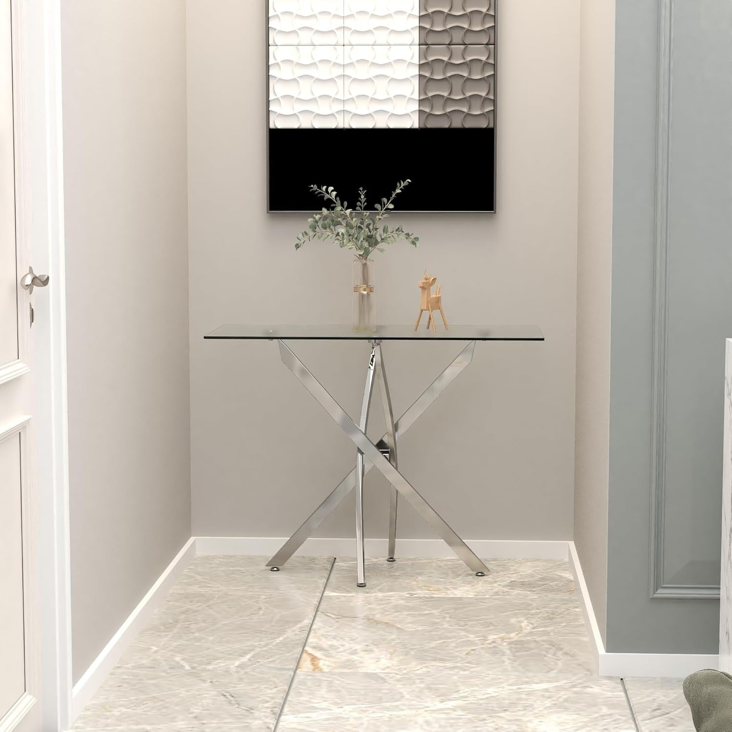 Modern Slim Glass Console Table 100cm, Silver Metal Legs for Hallway
