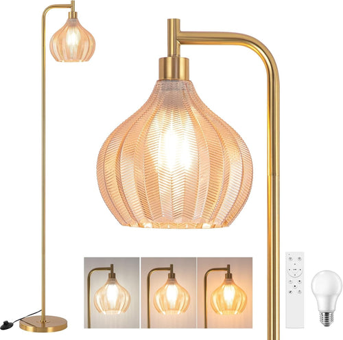Gold Arc Floor Lamp Dimmable Remote Amber Glass Shade LED Tall Standing