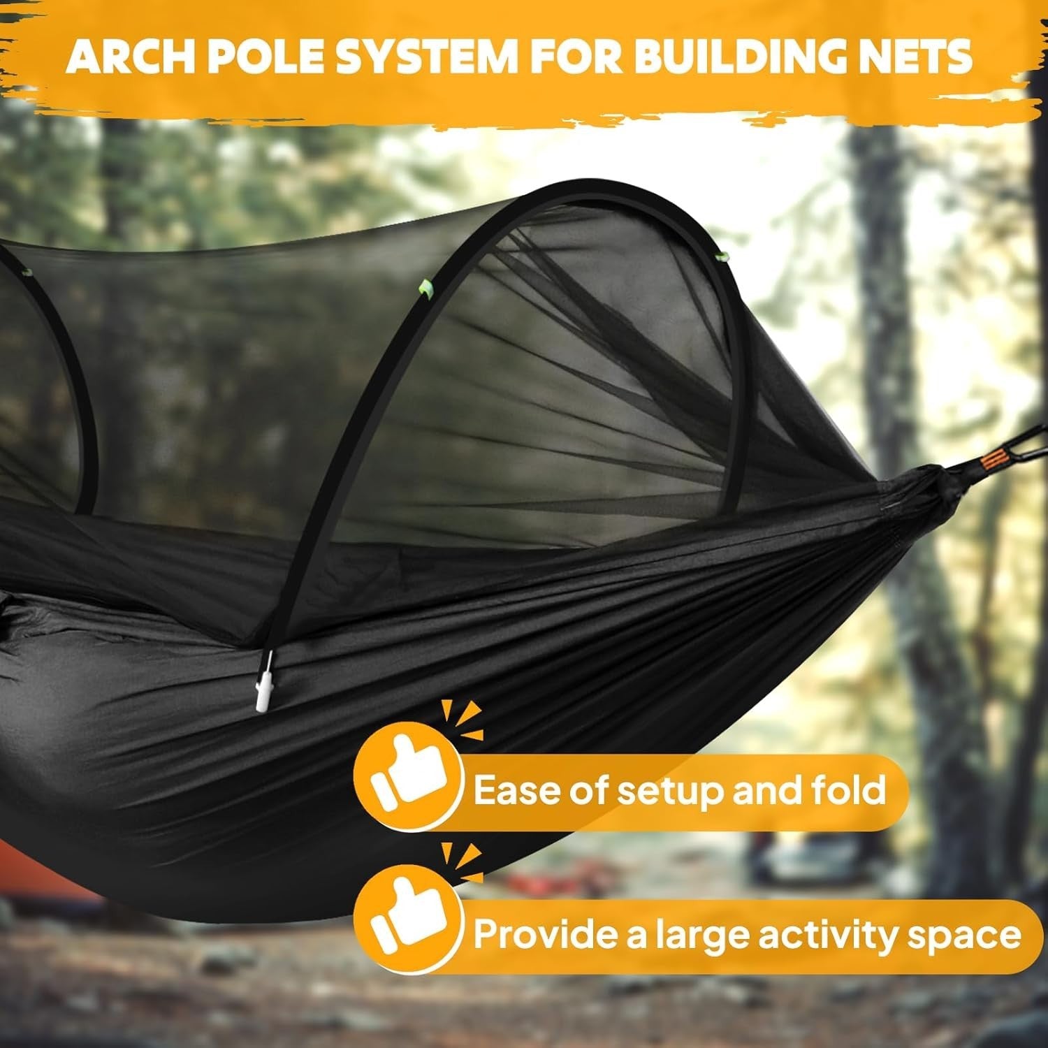 Ultralight Camping Hammock Black | 300kg Load | Pop-Up Bug Net + Tree Straps